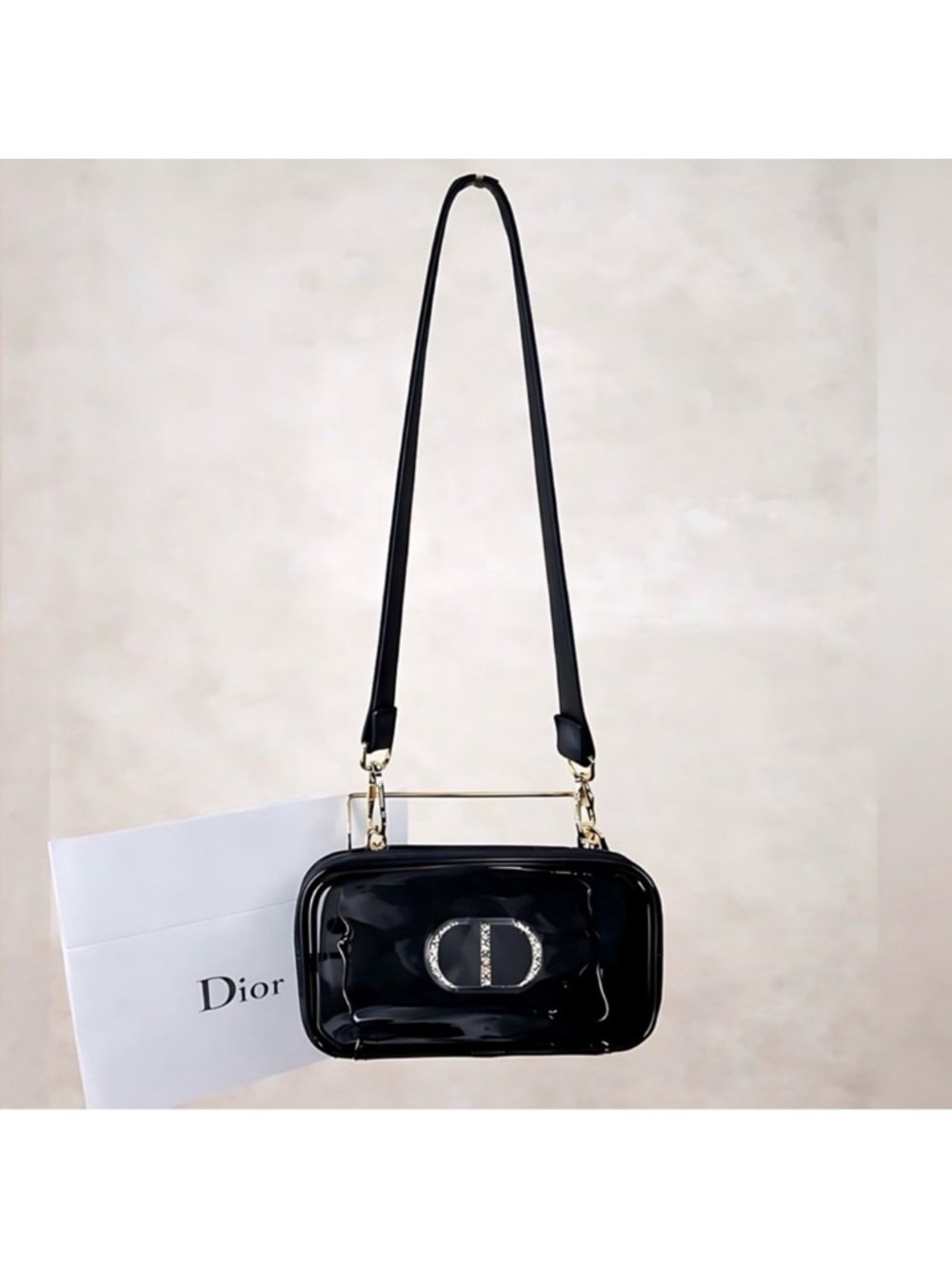 New Dior Upcycled Patent Cosmetic Bag Crossbody Black CD Logo Gold Hardware